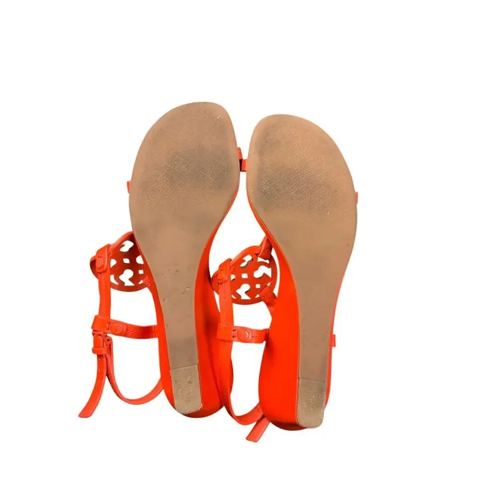 Tory Burch Women’s Orange Leather Logo Medallion T-Strap Wedge Sandals Size 8.5M